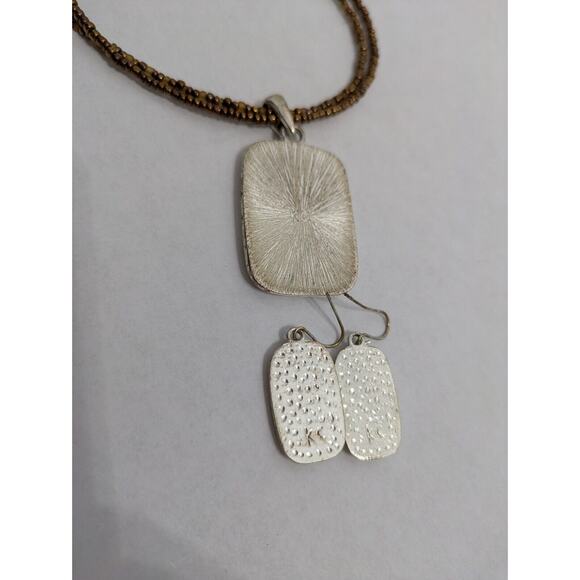 Necklace Earring Set Vintage Designer KC Beaded Two Strand Silver Tone Pendant - Picture 7 of 10